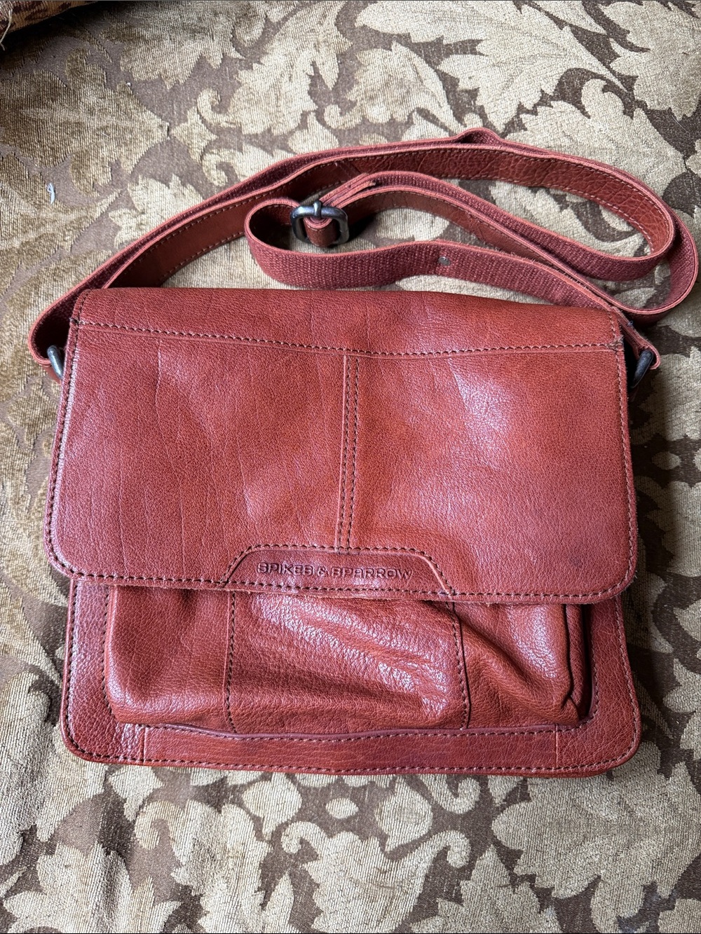 Spikes & Sparrow Genuine Red Leather Messenger Bag with Adjustable Strap